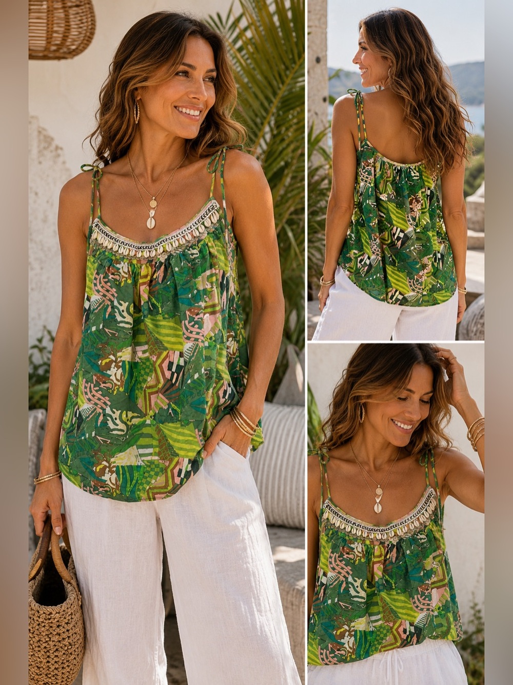 Haute Hippie XL Green Safari Print Shell Beaded Sequin Tank 100% Cotton Boho